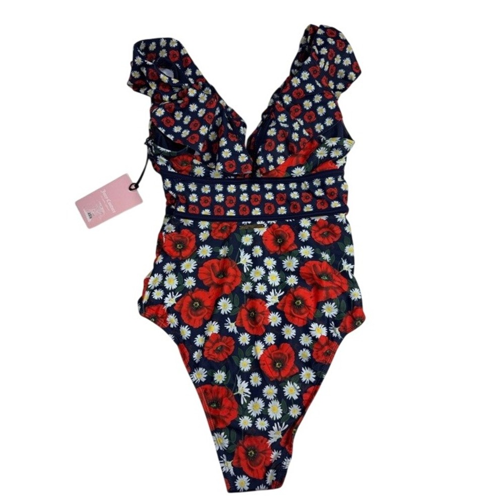Juicy Couture One Piece Swimsuit Womens Red Blue Floral Ruffle Deep V-Neck NWT S